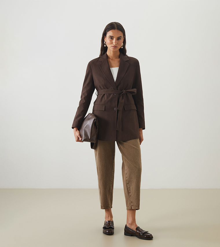 Belted Linen Blend Blazer