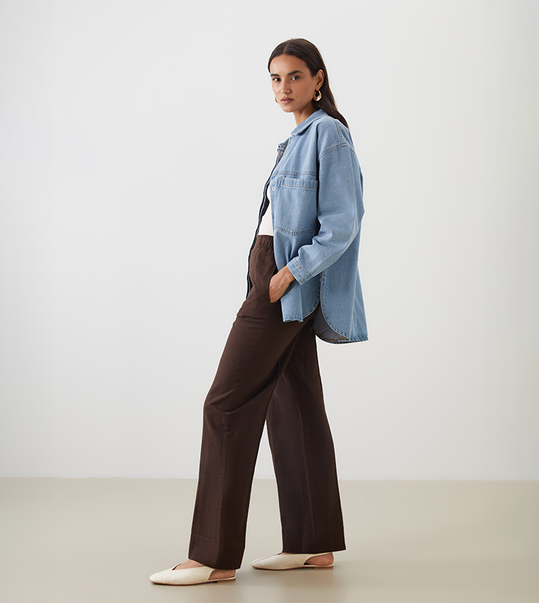 Elastic Waist Linen Blend Trousers