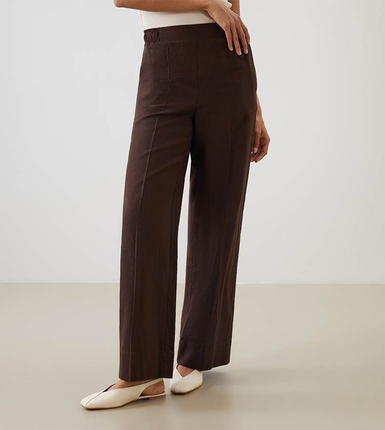Elastic Waist Linen Blend Trousers