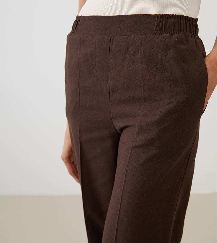 Elastic Waist Linen Blend Trousers