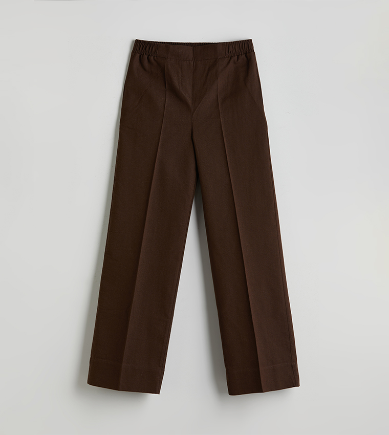 Elastic Waist Linen Blend Trousers
