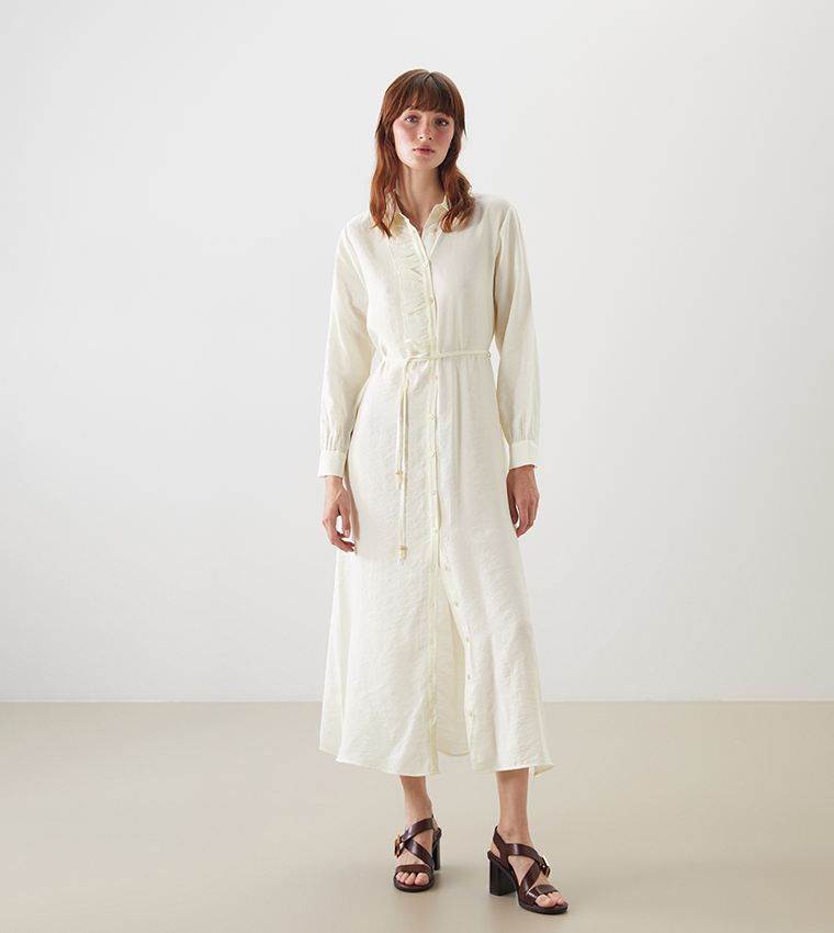 Belted Long Sleeves Midi Dress