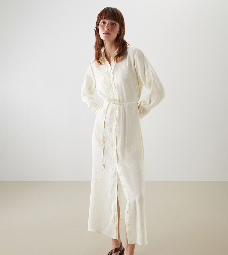Belted Long Sleeves Midi Dress