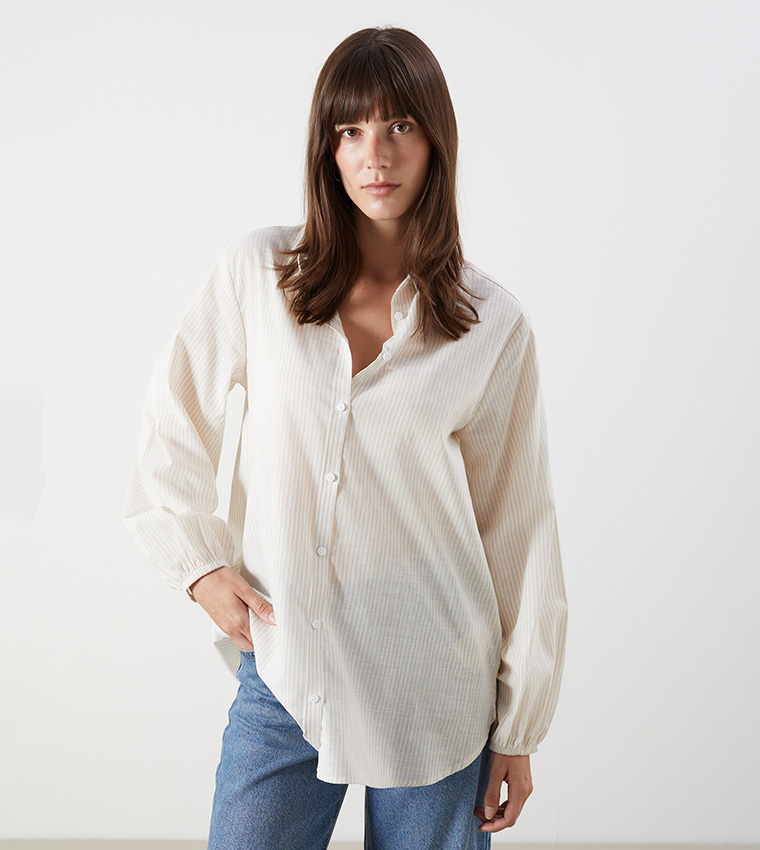 Buy LC Waikiki Striped Long Sleeves Oversized Shirt In Beige