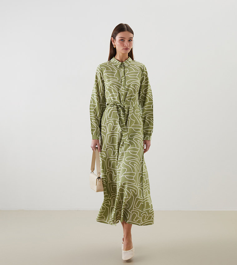 Printed Long Sleeves Midi Dress