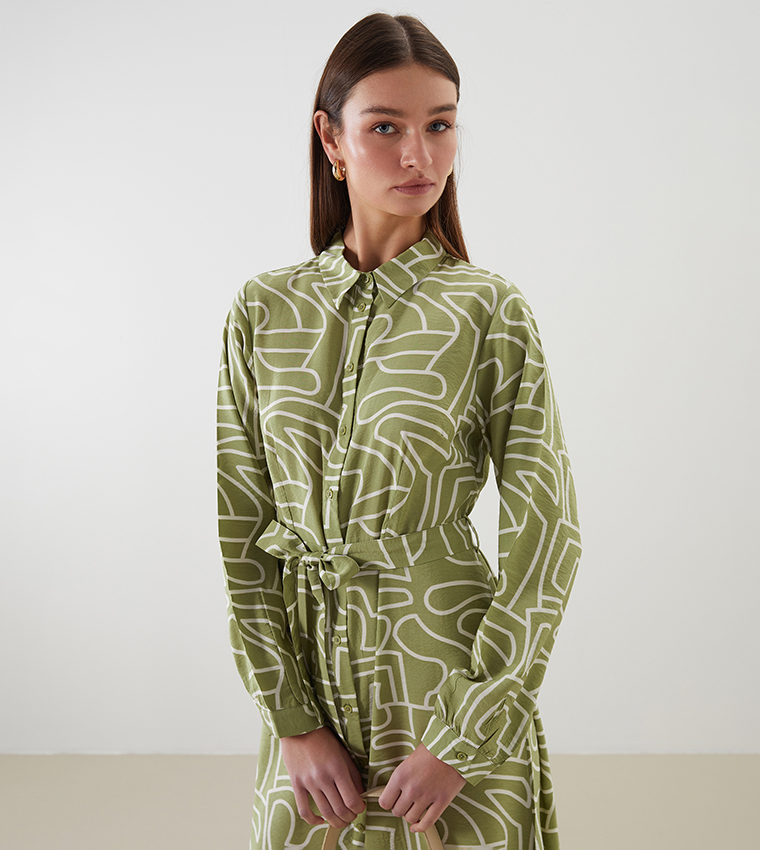 Printed Long Sleeves Midi Dress