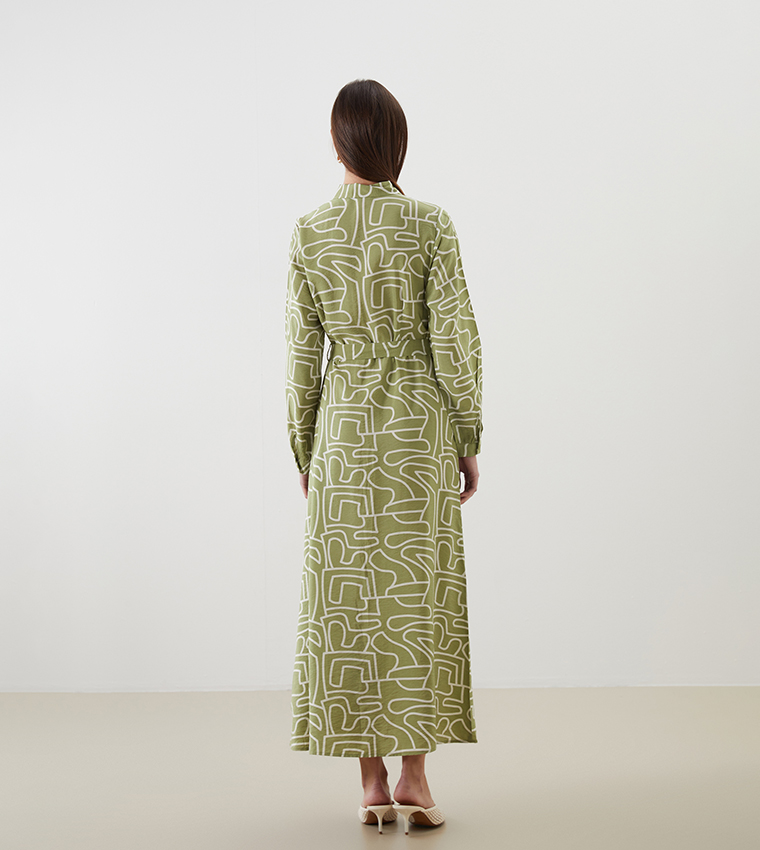 Printed Long Sleeves Midi Dress