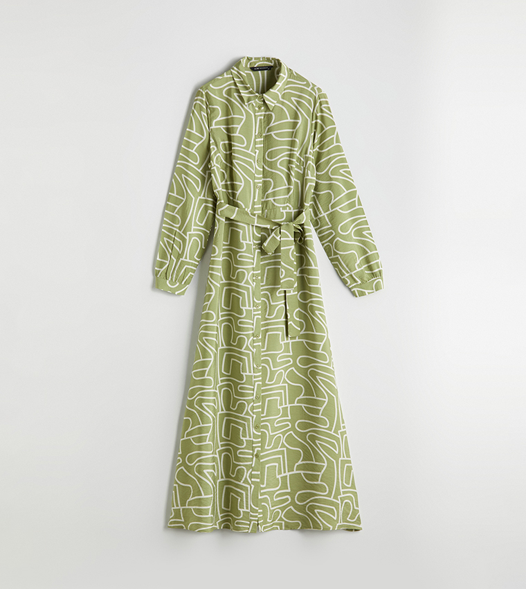 Printed Long Sleeves Midi Dress