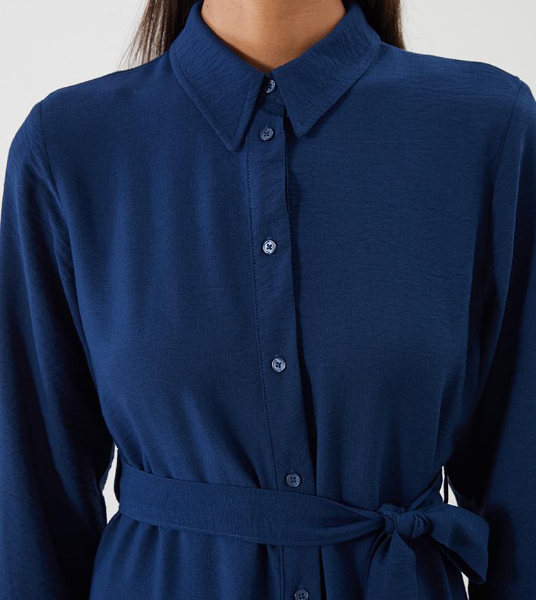 Belted Long Sleeves Shirt Dress