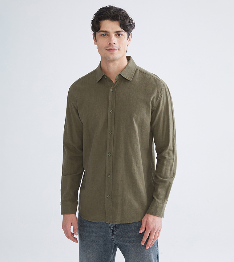 Textured Long Sleeves Linen-Look Shirt