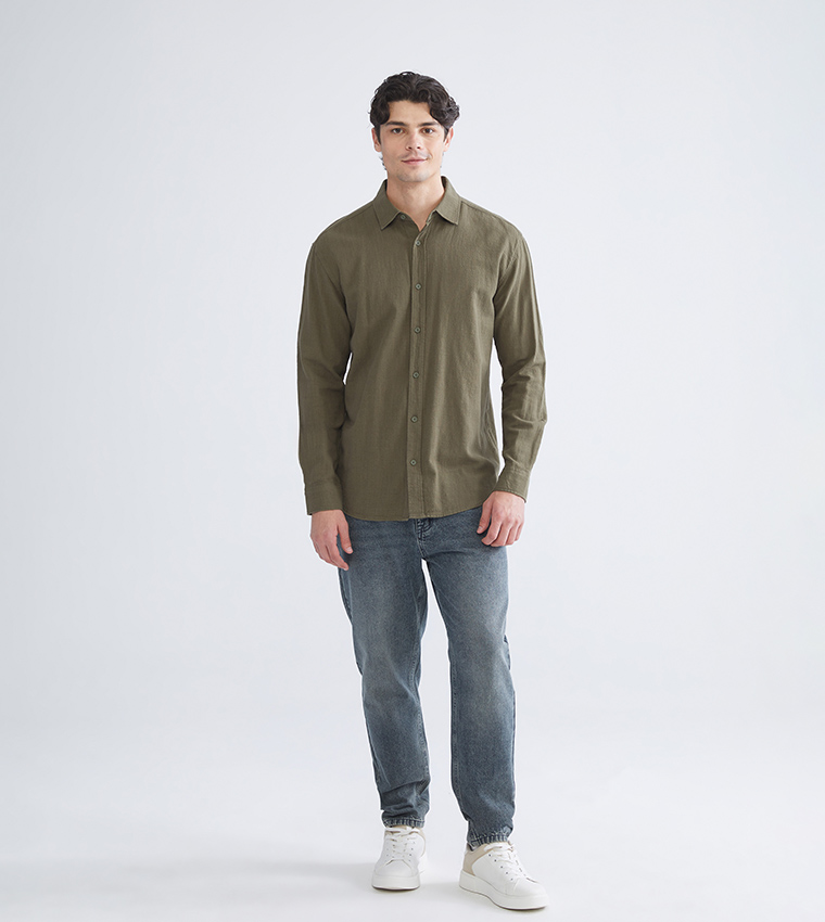 Textured Long Sleeves Linen-Look Shirt