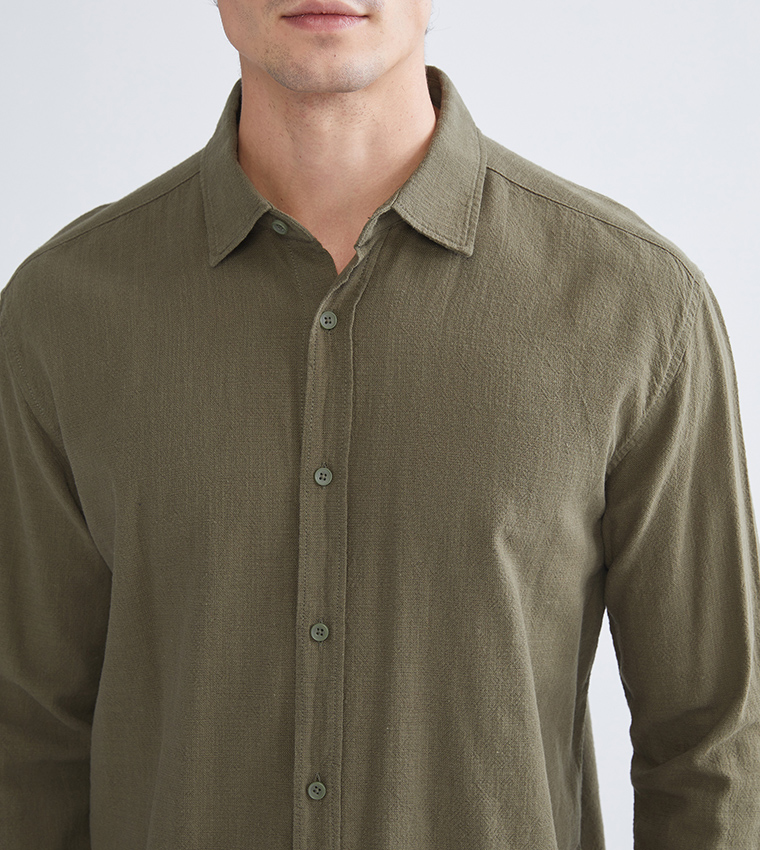 Textured Long Sleeves Linen-Look Shirt