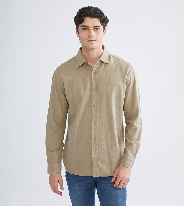 Textured Long Sleeves Linen-Look Shirt