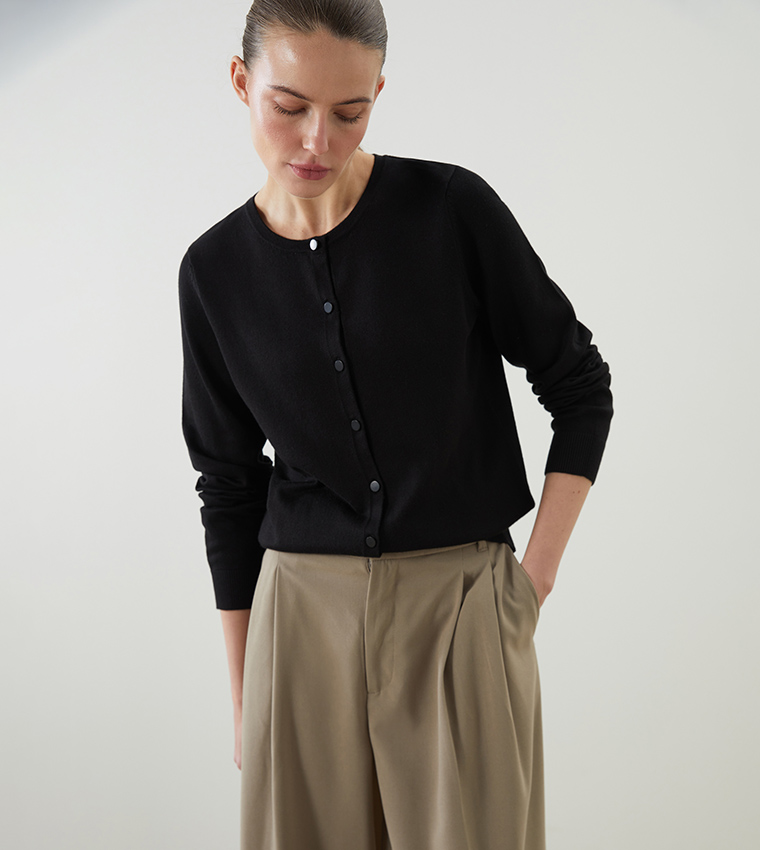 Solid Crew Neck Cardigan