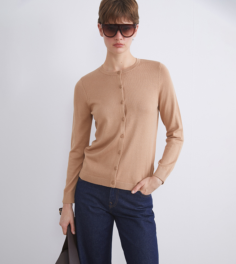 Solid Crew Neck Cardigan