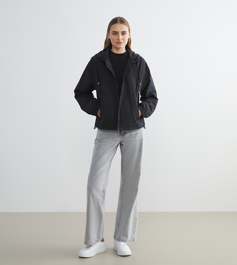 Solid Hooded Zip-Through Raincoat