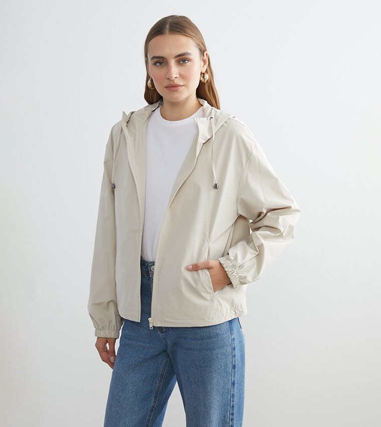 Solid Hooded Zip-Through Raincoat