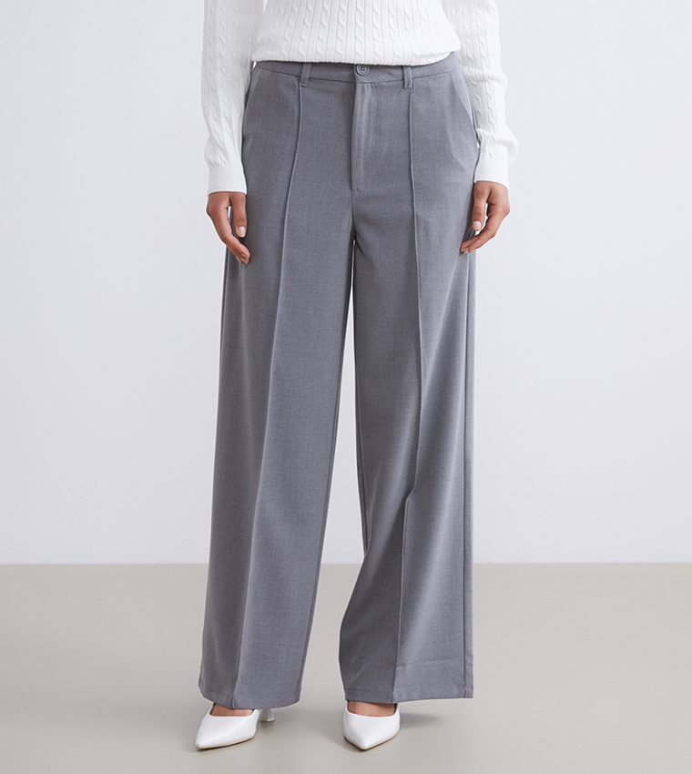 Solid Regular Fit Wide Leg Trousers