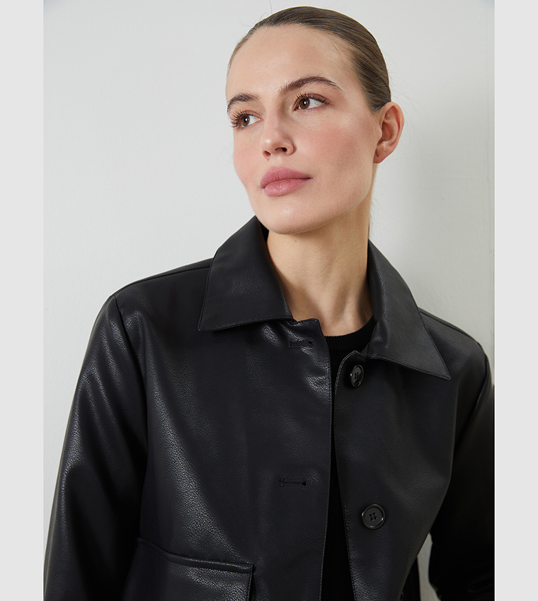 Buy LC Waikiki Textured Collared Faux Leather Jacket In Black