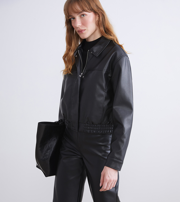Textured Collared Faux Leather Jacket