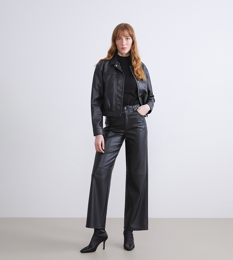 Textured Collared Faux Leather Jacket