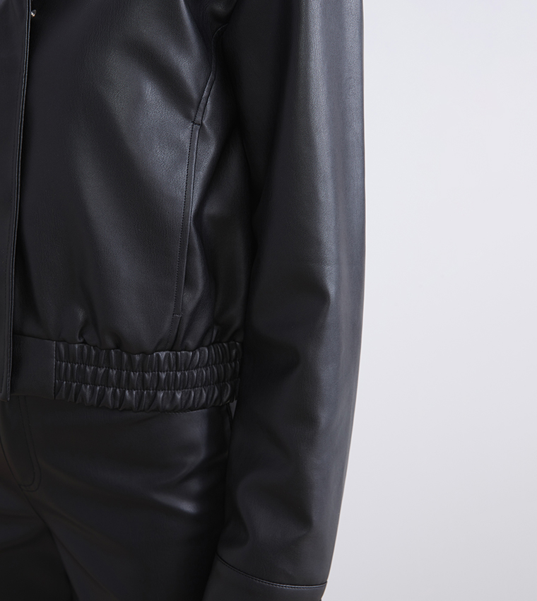 Textured Collared Faux Leather Jacket
