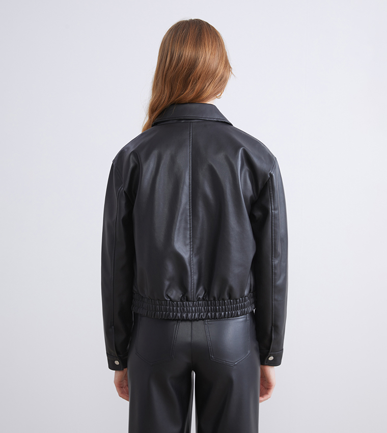 Textured Collared Faux Leather Jacket
