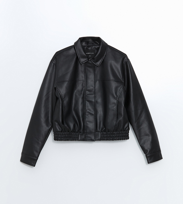 Textured Collared Faux Leather Jacket