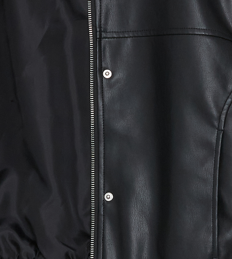 Textured Collared Faux Leather Jacket