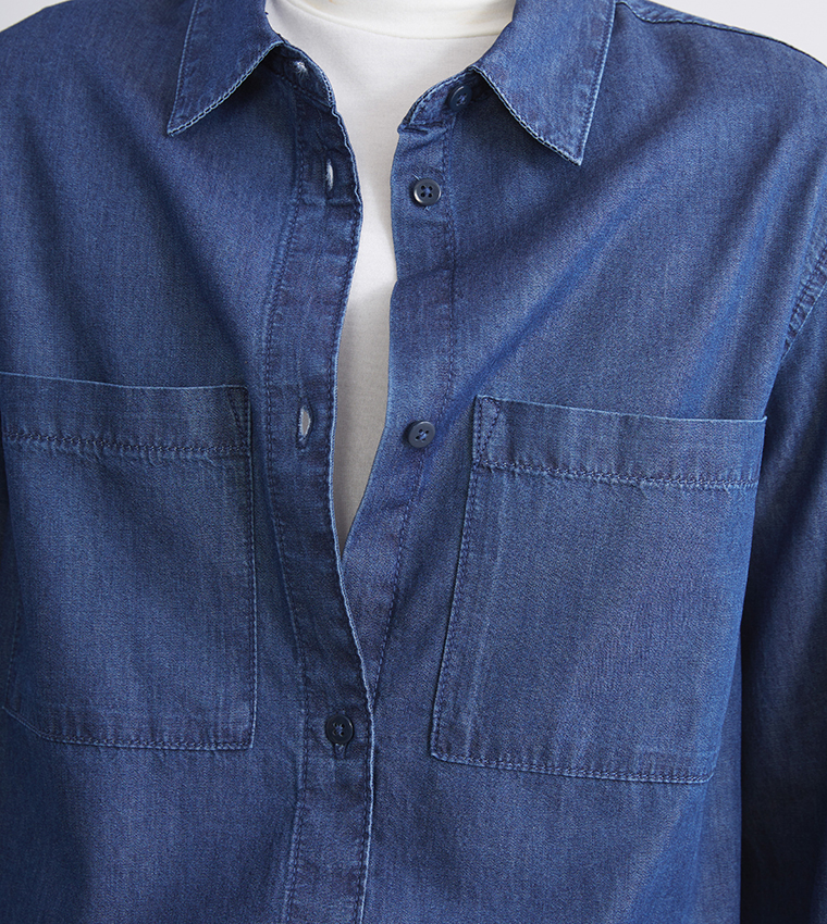Solid Loose Fit Denim Shirt Tunic