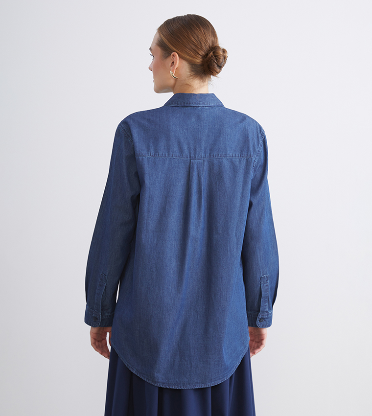 Solid Loose Fit Denim Shirt Tunic