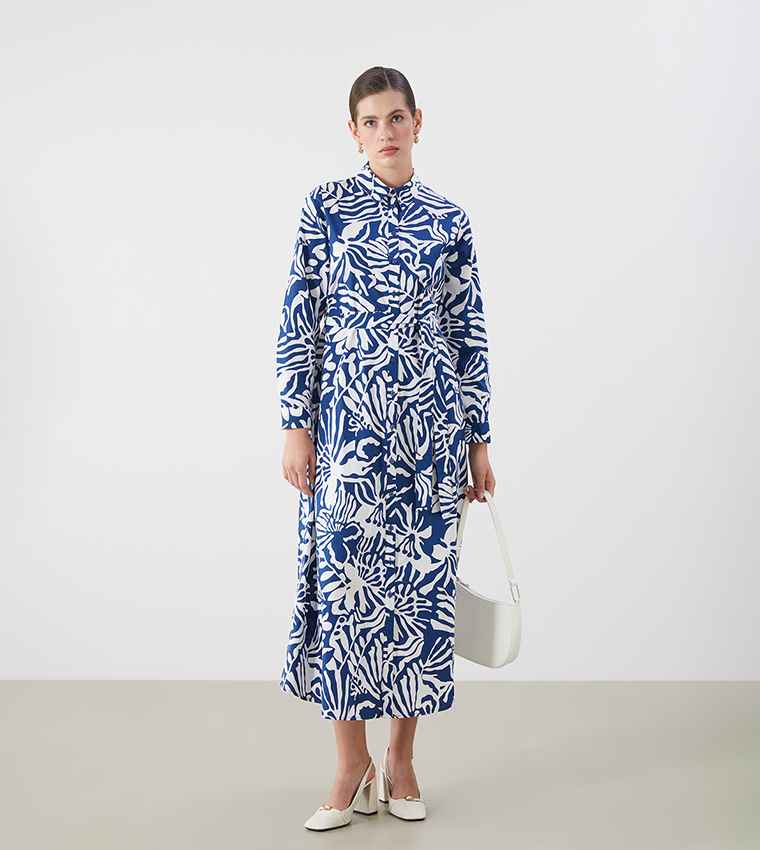 Patterned Poplin Midi Shirt Dress