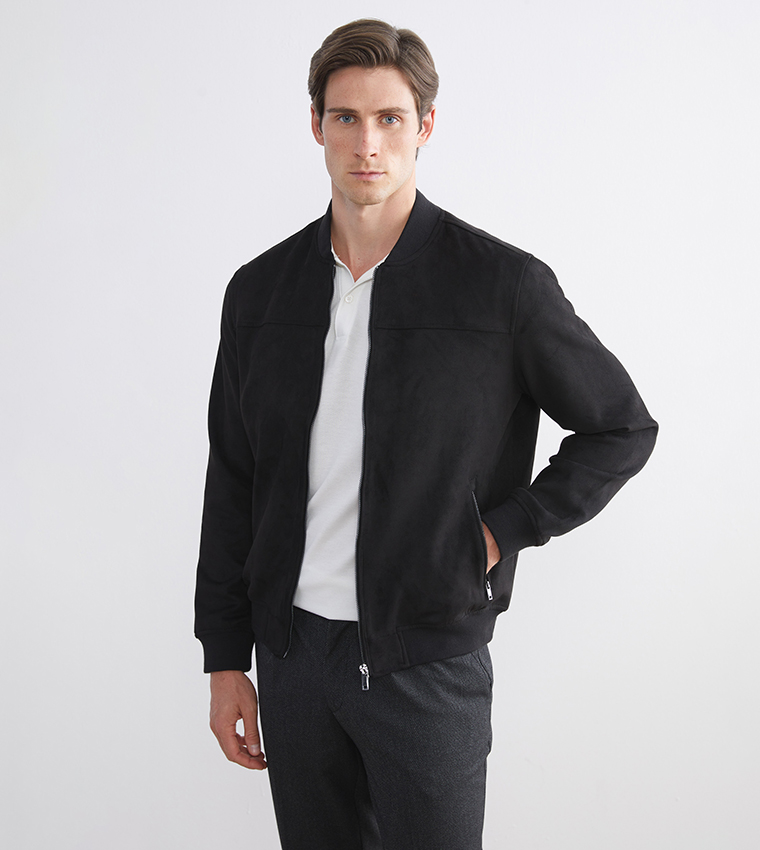 Solid Stand Collar Suede Bomber Jacket