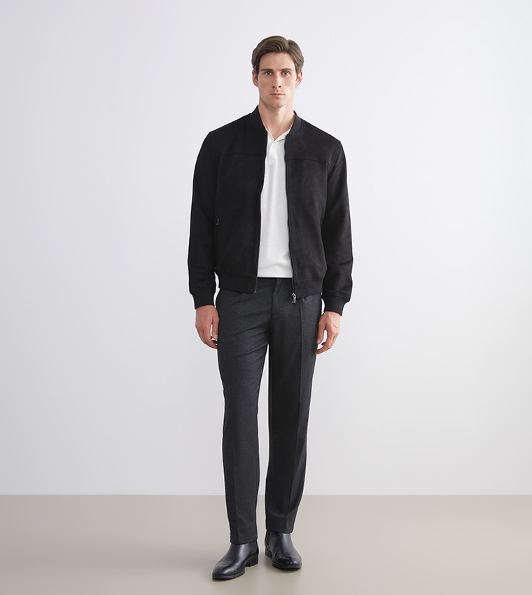 Solid Stand Collar Suede Bomber Jacket