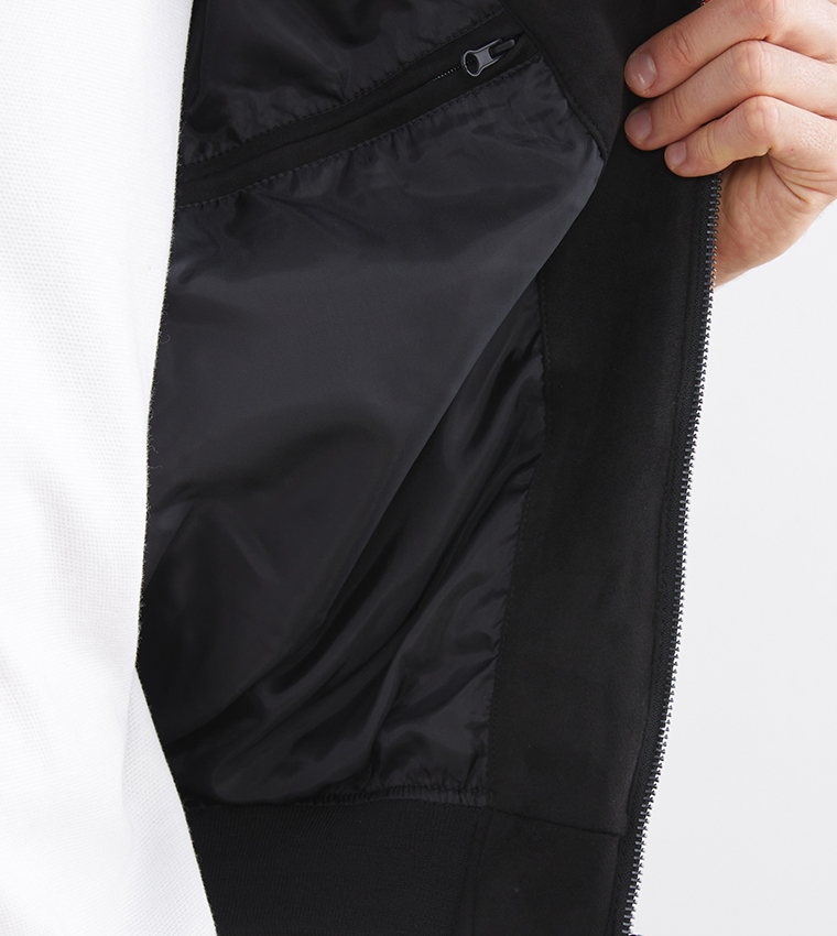 Solid Stand Collar Suede Bomber Jacket