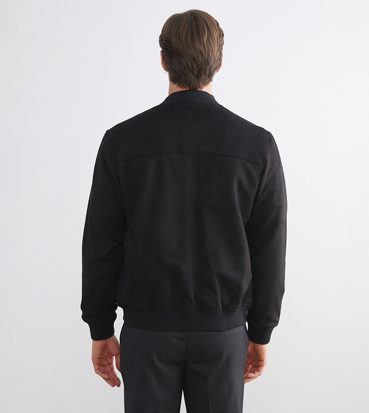 Solid Stand Collar Suede Bomber Jacket