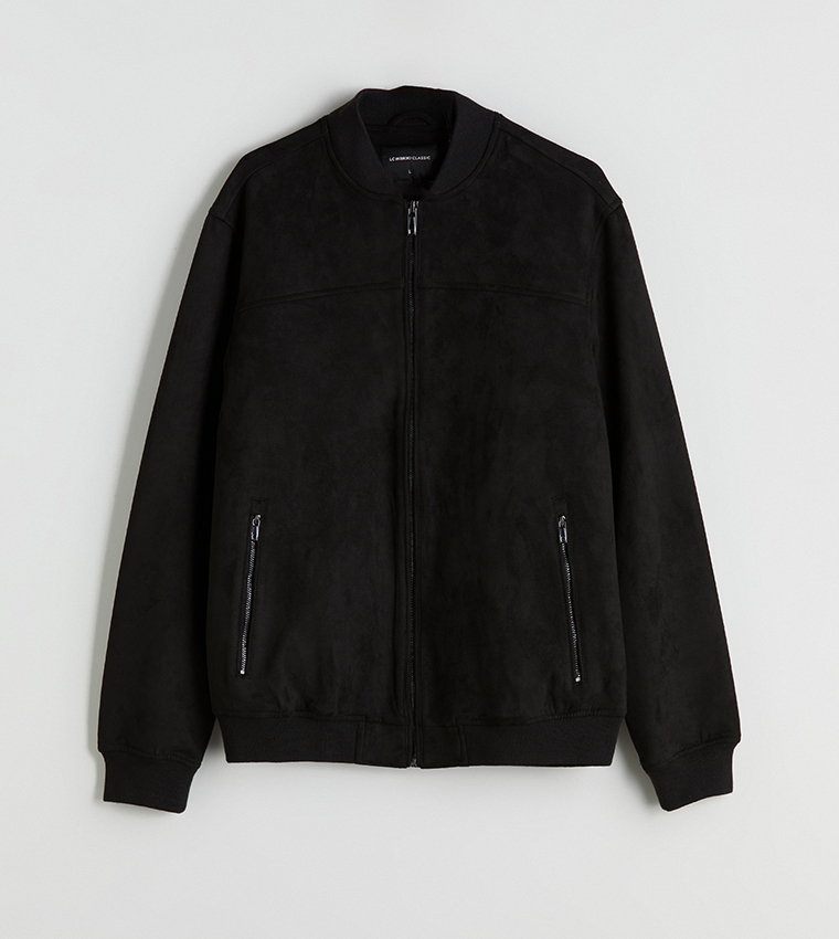 Solid Stand Collar Suede Bomber Jacket
