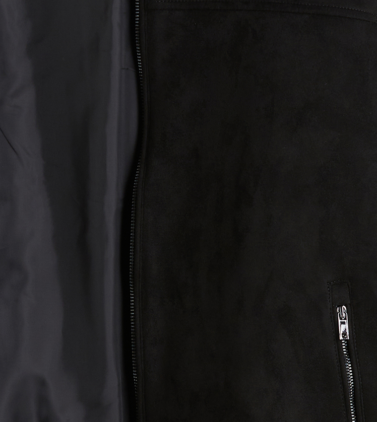 Solid Stand Collar Suede Bomber Jacket