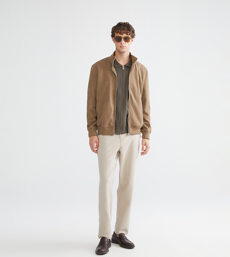 Zippered High Neck Suede Jacket