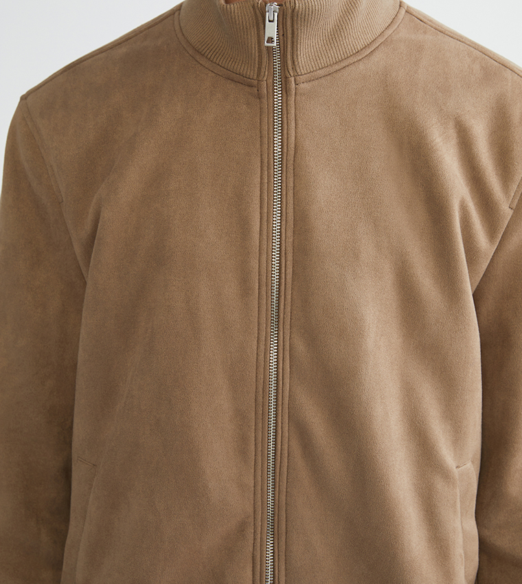 Zippered High Neck Suede Jacket