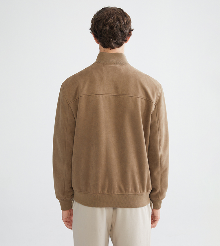 Zippered High Neck Suede Jacket