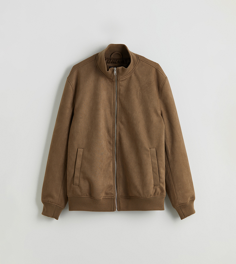 Zippered High Neck Suede Jacket