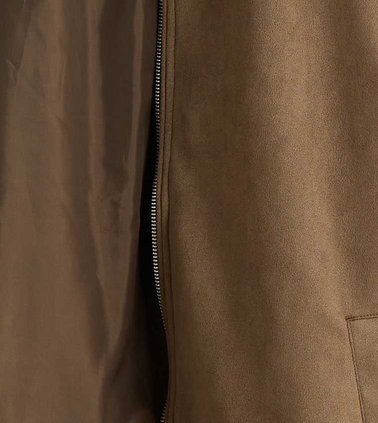 Zippered High Neck Suede Jacket