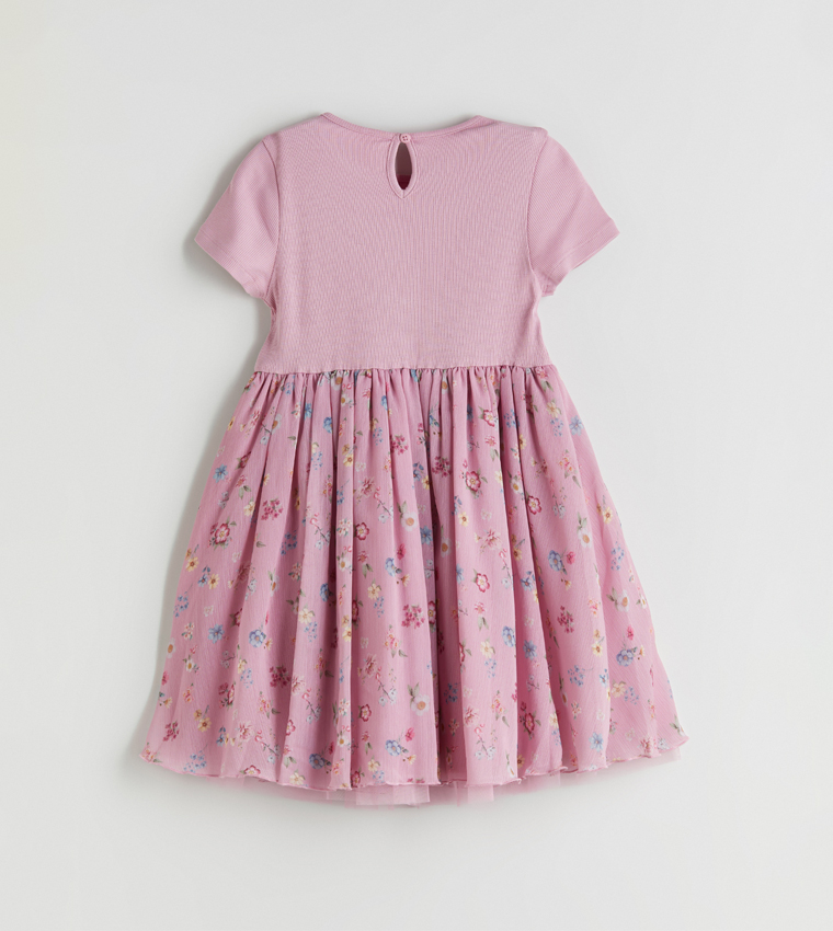 Embroidery Detail Printed Pleated Dress