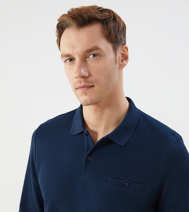 Buy LC Waikiki Ribbed Long Sleeves Polo T Shirt In Navy
