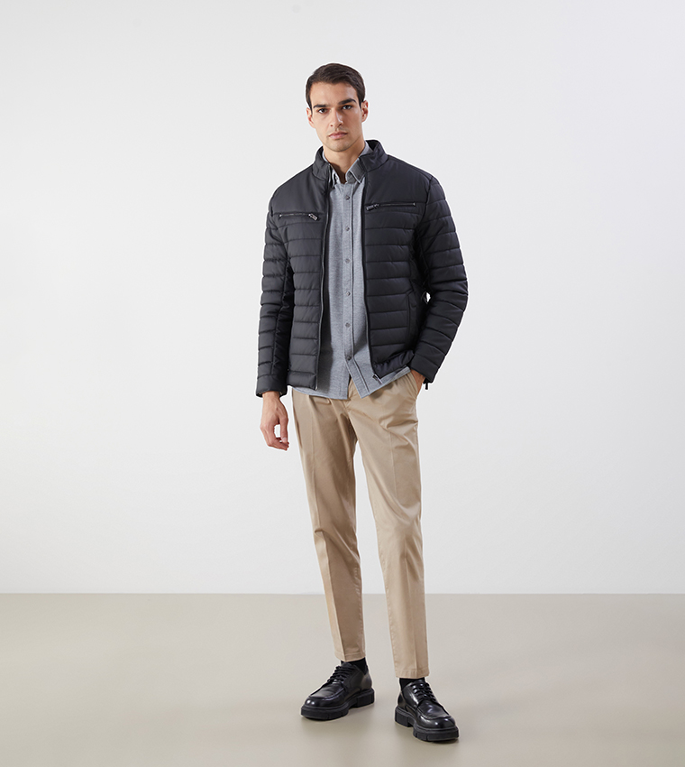 VISION Solid Slim Fit Faux Leather Puffer Jacket