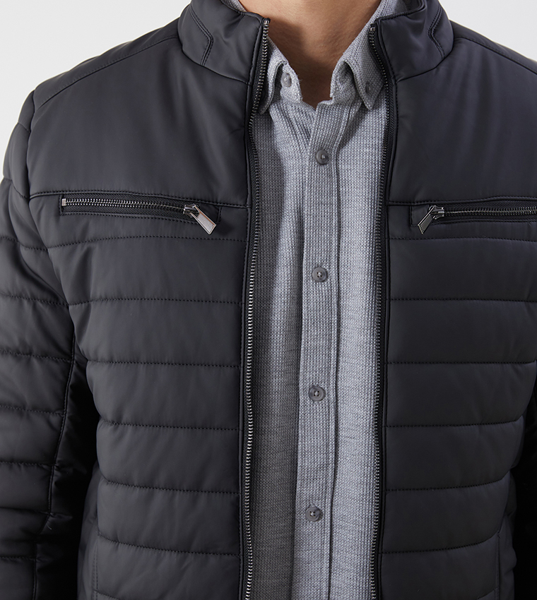 VISION Solid Slim Fit Faux Leather Puffer Jacket
