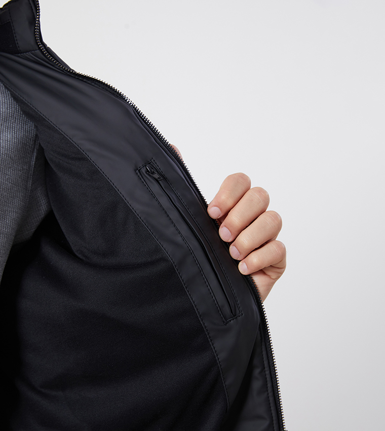 VISION Solid Slim Fit Faux Leather Puffer Jacket
