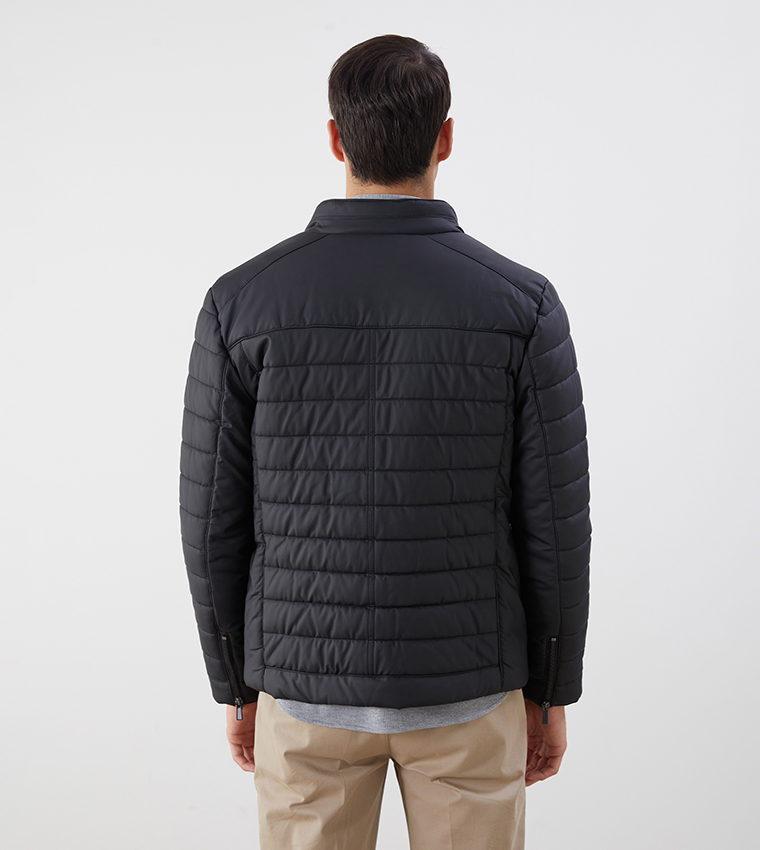 VISION Solid Slim Fit Faux Leather Puffer Jacket