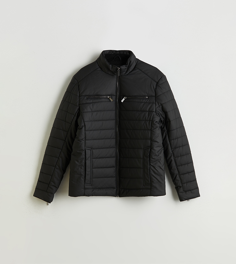 VISION Solid Slim Fit Faux Leather Puffer Jacket